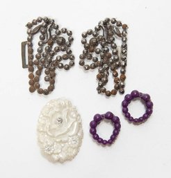 Jewelry Lot Including Purple Clip On Earrings And Ivory Plastic Brooch