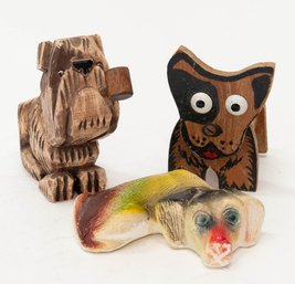 Wood And Chalkware Dog Figurines