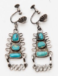 Native American Turquoise And Silver Dangle Screw On Earrings