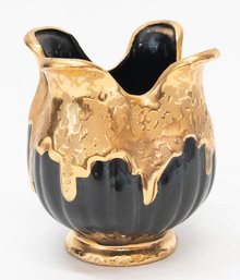 Vintage Weeping Ware Black Fluted Vase With Gold Leaf