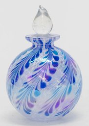 Iridescent Hand Blown Blue Feathered Glass Perfume Bottle