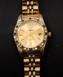 Pedre Gold Tone Green And Crystal Rhinestone Quartz Women's Watch