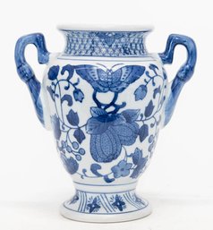 Blue And White Double Handled Butterfly Vase