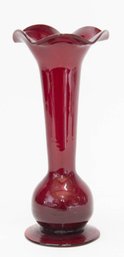 Hand Blown Ruby Red Bud Vase With Ruffled Scalloped Edges