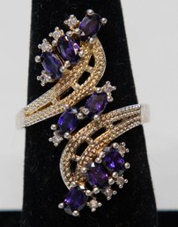 Purple Crystals In 925 Silver Fashion Ring Size 8