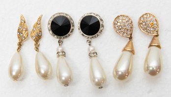Faux Drop Pearl Gold And Silver Tone Evening Earrings