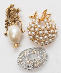 Gold And Silvertone Faux Pearl Brooches