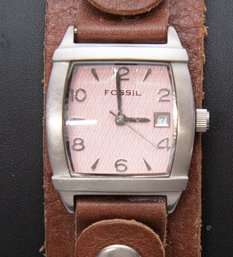 Fossil Pink Dial Leather Strap Watch