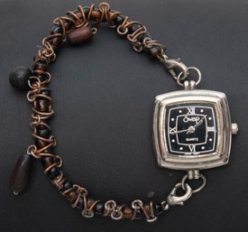 Swap Black Face Silver Tone Brown Beaded Stretch Band Watch