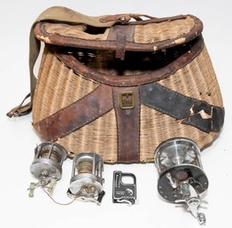 Early Wicker And Leather Fly Fishing Creel Basket Pouch And Reels