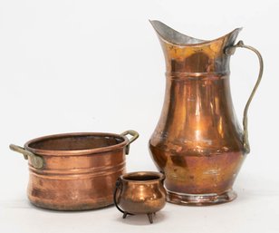 Copper Pitcher, Pot And Miniature Kettle