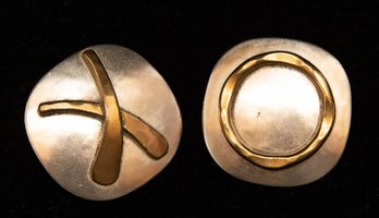 Marjorie Baer SF Brass And Silver Tone X And O Clip On Earrings