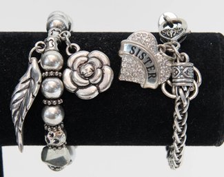 Silver Tone Sister And Rose And Leaf Charm Bracelets