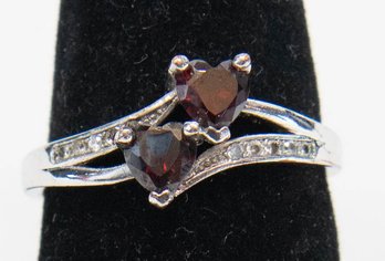 Two Heart Garnet Silver Tone Fashion Ring 2.65g Size 10