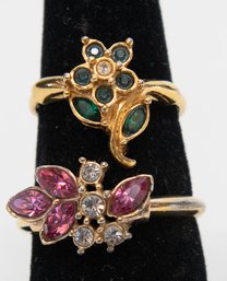 Avon Gold Tone Adjustable Pink Crystal Flower And Green Crystal Daisy Rings