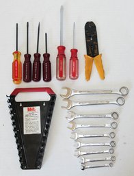 Lot Of Tools Including A Wrench Holder And Wire Strippers