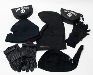 Motorcycle Riding Accessories Include Schampa Headwear, Jack Daniels Goggles And Olympia Gloves