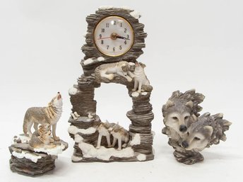 Westland Wolf Music Box, Clock And Double Wolf Head Figurine