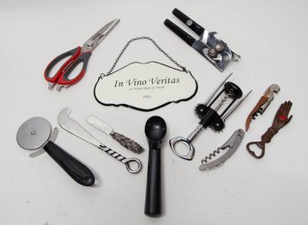 Kitchen Utensil Lot Includes Bottle Openers, Ice Cream Scoop And Vino Sign