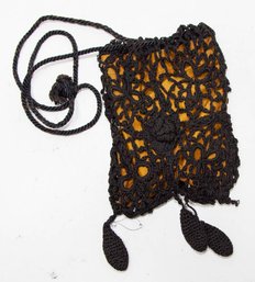 Antique Gold Silk And Black Knit Fringe Purse