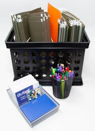 Office Supplies Include Pens, Notecards, Crate And Folders