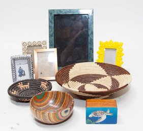 Picture Frames And Woven Trinket Bowl Decor