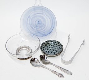 Home Decor Includes Ice Tongs, Daisy Etched Footed Dish And Blue Art Glass Plate