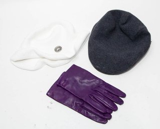 Miu Miu Purple Leather Gloves (S), Mucros Wool Cap And (L) And Pure White Knit Hat