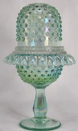 Fenton Glass Hobnail Fairy Lamp Willow Green Opalescent  3 Pc, Rare With Sticker