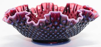 Fenton Plum Opalescent Hobnail Double Crimped Bowl With Box