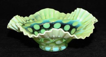 Lime Green Opalescent Coin Dot Ruffled Bowl