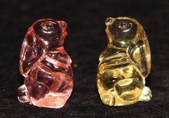 2' Heisey Pink And Yellow Glass Rabbits