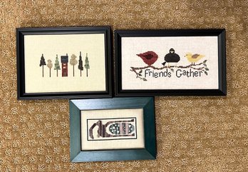 Hand Embroidered Birds,  And Cabin Scene  Wall Art