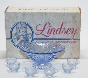 Mosser Glass Lyndsey Miniature Moonlight Blue Punch Bowl Set With Original Box