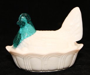 Fenton Milk Glass Hen On Nest With Turquoise Head