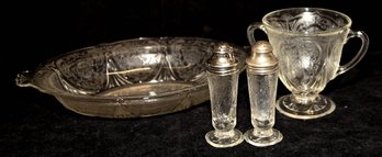 Hazel Atlas Depression Glass Old Florentine Oval Dish, Salt And Pepper Shakers And Double Handled Cup