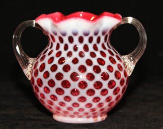 Fenton Cranberry Opalescent Polka Dot Double Handled Vase