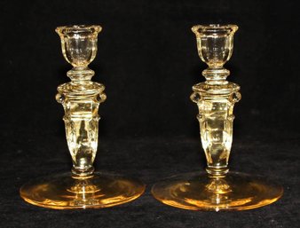 Heisey Sahara Yellow Art Deco Candlestick Holders