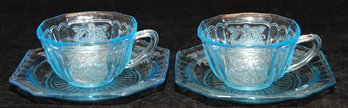 Hocking Glass Mayfair Blue Pair Of Cups And Saucers