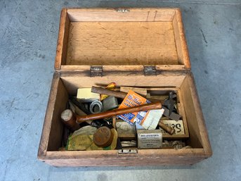 Antique Wooden Toolbox With Antique Hand Tools