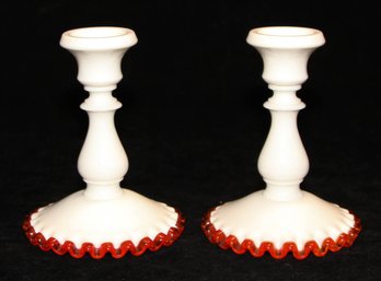 Fenton Flame Crest Milk Glass Candlesticks