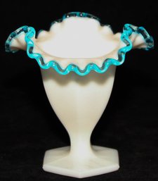 Fenton Aqua Blue Crest Ruffled Edge Compote