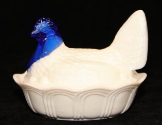 Fenton Cobalt Head Milk Glass Hen On Nest