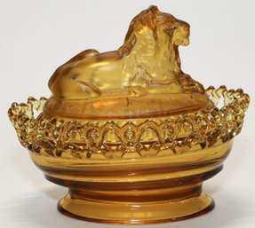 Imperial Glass Amber Lion Covered Lace Edge Candy Dish