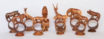 1970s Applause Hand Carved Wood Safari Animals Napkin Rings With Original Box
