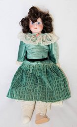 Early 20th Century Floradora Bisque Ball Jointed Doll Wearing A Green Dress 20'