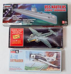 A-IE Skyraider, Heinkel German Night Fighter And USS Nautilus Atomic Submarine Model Kits *AS IS*