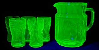 1930s Green Depression Glass Juice Set GLOWS