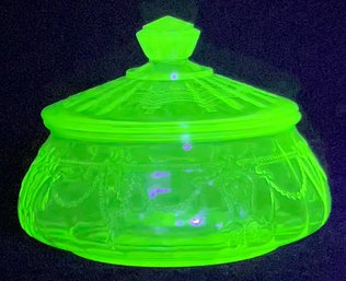 1930s Green Depression Glass Lidded Candy Bowl GLOWS