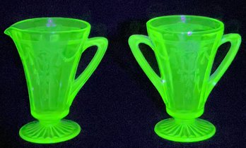 1930s Green Depression Glass Creamer And Sugar GLOWS